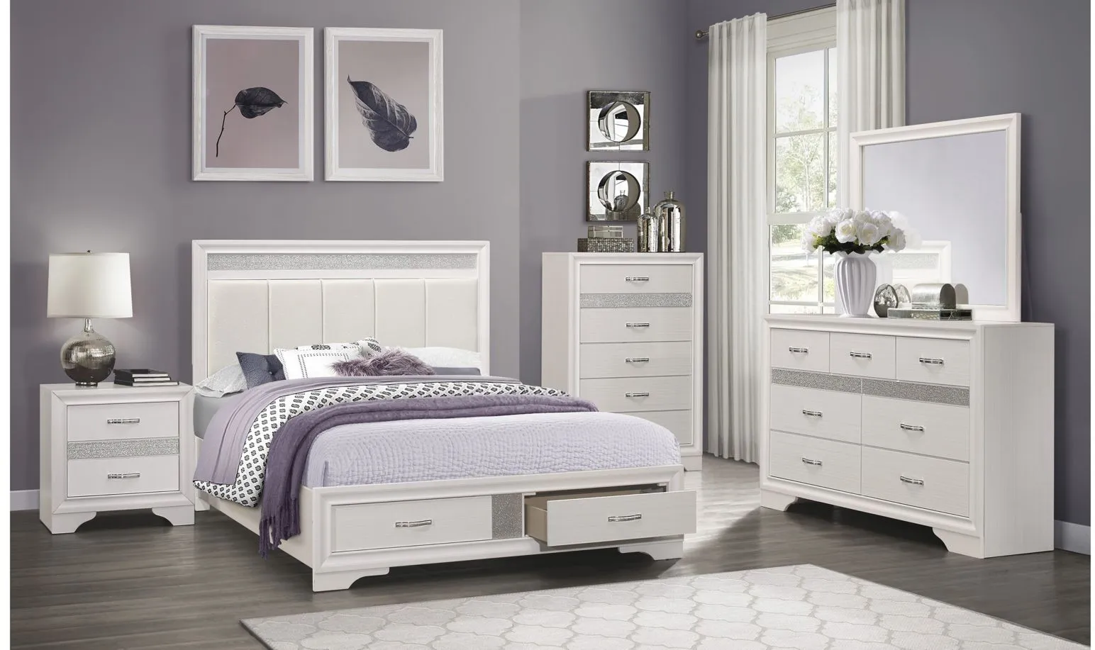 Homelegance Griggs Upholstered Storage Bed in Two-Tone Finish: (White and Silver Glitter) by Homelegance